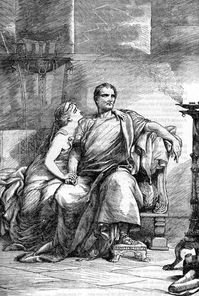 Calpurnia (Calpurnia Pisonis) و Caesar - Jules Cesar - مأساة يوليوس قيصر - رسم توضيحي في "" Complete de William Shakespeare "" 1866 - الرسوم التوضيحية والشكل العام لهذه الطبعة مستعارة من حانة Cassell المصورة شكسبير بواسطة مدرسة اللغة الإنجليزية