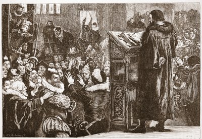 هدد كالفن في كنيسة Rive ، توضيح من تاريخ البروتستانتية بقلم جيمس أيتكين ويلي (1808-1890) ، حانة. 1878 بواسطة مدرسة اللغة الإنجليزية