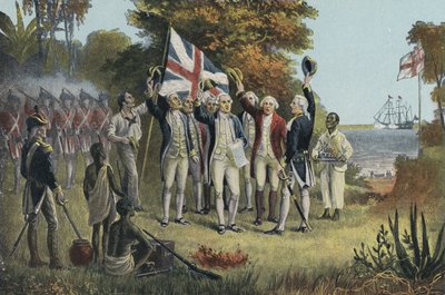 Captain Cook Taking Possession of Australia (colour litho) بواسطة مدرسة اللغة الإنجليزية