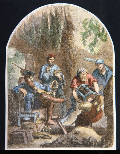 Captain William Kidd concealing treasure in a cavern (colour litho) بواسطة مدرسة اللغة الإنجليزية
