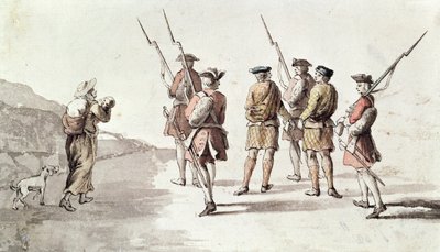 القبض على المتمردين، سيمون فريزر، اللورد لوفات (1667؟ - 1747) (ألوان مائية على ورق) بواسطة مدرسة اللغة الإنجليزية