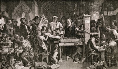 Caxton (1422-91) يظهر عينات من طباعته للملك إدوارد الرابع في المونري في وستمنستر ، 1858 بواسطة مدرسة اللغة الإنجليزية