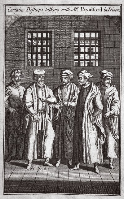 بعض الأساقفة يتحدثون مع السيد برادفورد في السجن ، صورة توضيحية من شهداء فوكس ص 1703 بواسطة مدرسة اللغة الإنجليزية