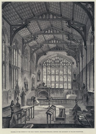 Chancel of the Church of the Holy Trinity، Stratford-upon-Avon تظهر نصب ويليام شكسبير (نقش) بواسطة مدرسة اللغة الإنجليزية