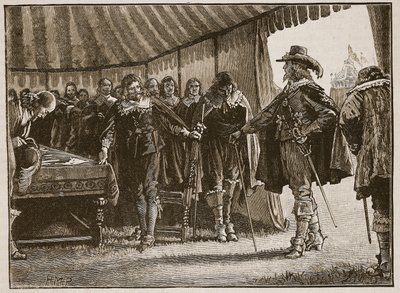 تشارلز والمفوضون الاسكتلنديون ، رسم توضيحي من Cassells Illustrated History of England (sepia photo) بواسطة مدرسة اللغة الإنجليزية