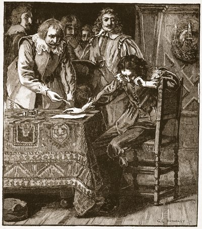 تشارلز يوقع على لجنة الموافقة على Straffords Attainder ، رسم توضيحي من Cassells Illustrated History of England (sepia photo) بواسطة مدرسة اللغة الإنجليزية