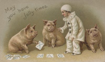 Child ina Pierrot costume with three pigs, Christmas card (chromolitho) بواسطة مدرسة اللغة الإنجليزية