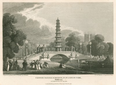 المعبد والجسر الصيني ، St Jamess Park ، لندن ، كما ظهر في 1 أغسطس 1814 بواسطة مدرسة اللغة الإنجليزية