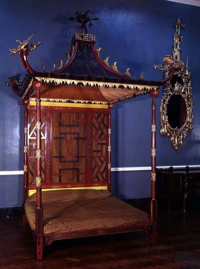 سرير Chippendale على الطريقة الصينية ، من Badminton ، Gloucestershire ، 1750-54 بواسطة مدرسة اللغة الإنجليزية