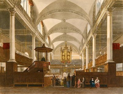 كنيسة المسيح ، شارع نيوجيت ، حوالي عام 1810 (ليثو ملون) بواسطة مدرسة اللغة الإنجليزية