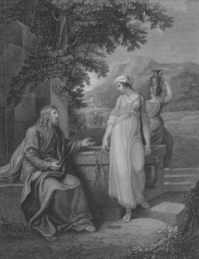 السيد المسيح وامرأة السامرة، القديس يوحنا 4، الآية 5-27 (نقش) بواسطة مدرسة اللغة الإنجليزية
