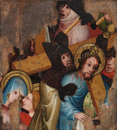 المسيح يحمل الصليب ، c.1400-25 (تمبرا وأوراق الذهب على اللوحة) بواسطة مدرسة اللغة الإنجليزية