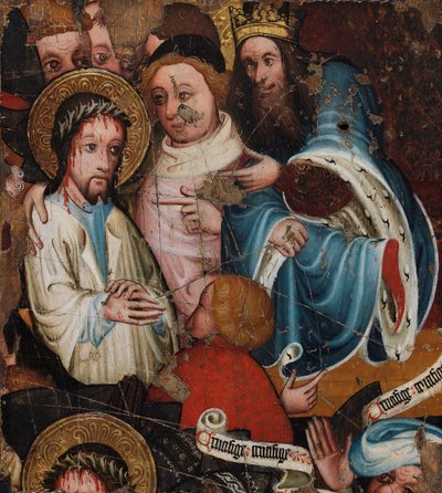 المسيح قبل بيلاطس ، c.1400-25 (تمبرا وأوراق الذهب على اللوحة) بواسطة English School