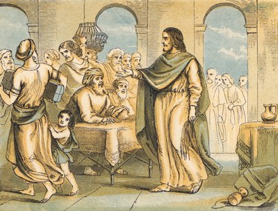 Christ cleansing the Temple (coloured engraving) بواسطة مدرسة اللغة الإنجليزية