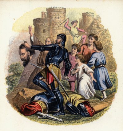 كريستيانا والحجاج ينظرون إلى Greatheart وهو يذبح اليأس العملاق ، وهو رسم توضيحي من The Pilgrim's Progress بقلم جون بنيان (لون ليثو) بواسطة مدرسة اللغة الإنجليزية
