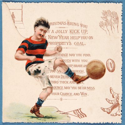 بطاقة عيد الميلاد تصور لاعب كرة قدم يركل كرة ، 1890s بواسطة مدرسة اللغة الإنجليزية