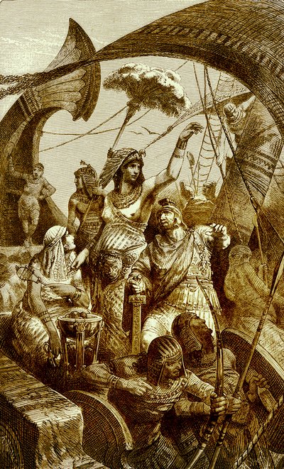 كليوباترا في معركة أكتيوم ، توضيح من تاريخ العالم المصور ، تم نشره عام 1880 (صورة محسنة رقميًا) كليوباترا السابعة (69-30 قبل الميلاد) ، فرعون مصر القديمة ؛ معركة س بواسطة مدرسة اللغة الإنجليزية