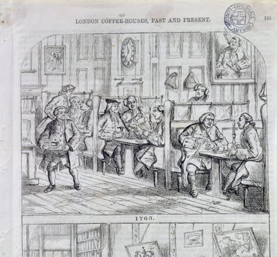 غرفة القهوة عام 1763 ، من London Coffee-Houses Past and Present (color engraving) بواسطة مدرسة اللغة الإنجليزية