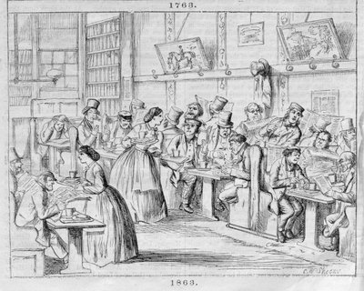 غرفة القهوة عام 1863 ، من London Coffee-Houses Past and Present (نقش الألوان) بواسطة مدرسة اللغة الإنجليزية