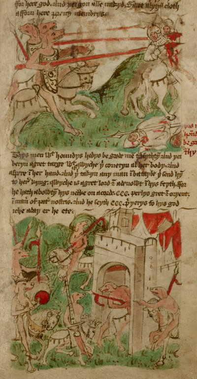 رسومات ملونة تصور الأشخاص برؤوس كلاب ("Cynocephalus") من جزيرة Nacumera ، من "رحلات السير جون ماندفيل" (رق) بواسطة مدرسة اللغة الإنجليزية