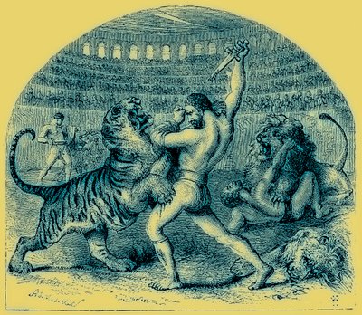 مكافحة المصارعون مع الحيوانات البرية ، توضيح من التاريخ المصور للعالم ، تم نشره عام 1880 (صورة محسنة رقميًا) بواسطة مدرسة اللغة الإنجليزية