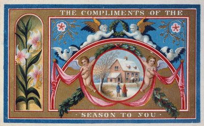 "Compliments of the Season" ، بطاقة فيكتورية (chromolitho) بواسطة مدرسة اللغة الإنجليزية