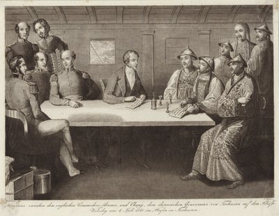 مؤتمر في شوسان بين العميد البحري بريمر ومسؤول صيني في السفينة الملكية ويليسلي 4 يوليو 1841 بواسطة مدرسة اللغة الإنجليزية