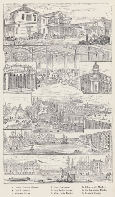 Convent Garden Market, Corn Exchange, Billingsgate Market, Coal Exchange, East India Docks, St Katherine Docks, Victoria Docks, West India Docks, London Docks (engraving) بواسطة مدرسة اللغة الإنجليزية