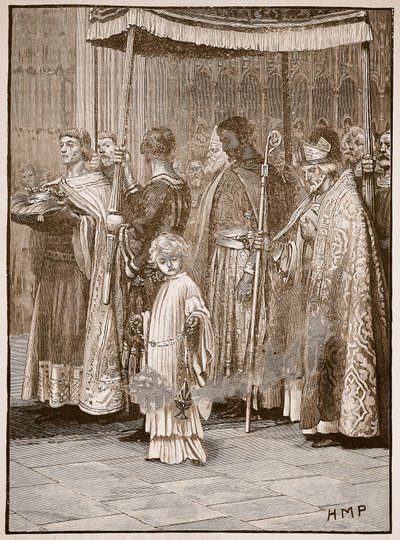 تتويج ريتشارد في دير وستمنستر: الموكب على طول الممر ، رسم توضيحي من Cassells Illustrated History of England (sepia photo) بواسطة مدرسة اللغة الإنجليزية