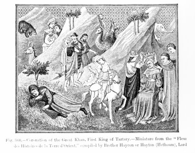 تتويج الخان العظيم (Kublai Khan) (1214-94) أول ملك من طرطري ، من فلور دي هيستوريس دي لا تيري دورينت ، من إعداد Hayton (ت 1227) ، توضيح من العلوم والأدب في ر بواسطة مدرسة اللغة الإنجليزية