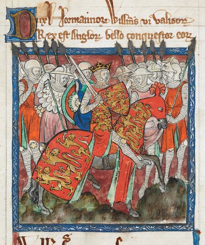 Cott Claud D II f.33 ويليام الفاتح يركب مع جنوده ، "كتاب قوانين الملوك القدماء" (ورق الرق) بواسطة مدرسة اللغة الإنجليزية