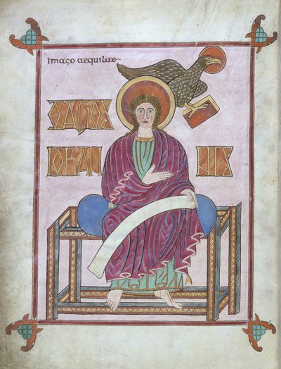 Cott Nero DIV f.209v القديس يوحنا مع رمزه ، من أناجيل Lindisfarne ، 710-721 (ورق) بواسطة مدرسة اللغة الإنجليزية
