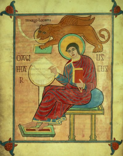 Cott Nero DIV f.93v St.Mark جالسًا مع رمزه ، من أناجيل Lindisfarne ، 710-721 (ورق) بواسطة مدرسة اللغة الإنجليزية