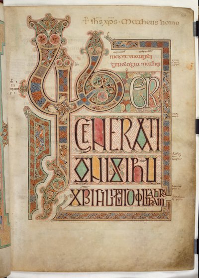 Cott Nero D IV ص .27 الصفحة الافتتاحية لإنجيل القديس ماثيو بأحرف مزخرفة "LIB" ، من أناجيل Lindisfarne ، 710-721 (ورق) بواسطة مدرسة اللغة الإنجليزية