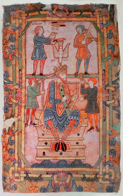 Cott Tib C VI f.30v ديفيد يعزف على القيثارة ، من سفر مزامير طبريا ، وينشستر ، حوالي 1050 (ورق) بواسطة مدرسة اللغة الإنجليزية