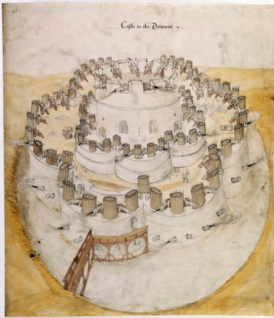 قطن أوغسطس أنا. f.20 منظر عين طائر ملون لـ "قلعة في المنحدرات". ربما تصميم مبكر لقلعة الصفقة بواسطة مدرسة اللغة الإنجليزية