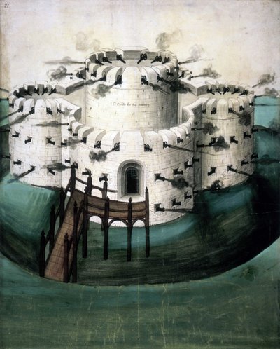 Cotton Augustus I i f.21 ، تصميم قلاع Walmer و Sundown (“A Castle for the Downes”) بواسطة مدرسة اللغة الإنجليزية