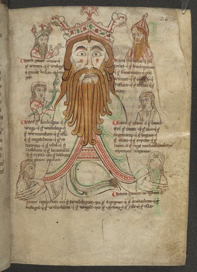 كوتون كاليجولا A. VIII، ص.٢٩ رسم لودين محاطًا بأحفاده؛ في منشور عن السلطة السباعية، حوالي 1153-66 (الرق) بواسطة مدرسة اللغة الإنجليزية