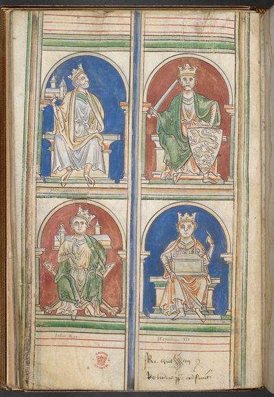 Cotton Claudius D VI f.9v أربعة ملوك إنجلترا: هنري الثاني ، ريتشارد الأول ، جون وهنري الثالث من ملوك إنجلترا من بروتوس إلى هنري الثالث ، بقلم ماثيو باريس ، 1250-59 (ورق) بواسطة مدرسة اللغة الإنجليزية