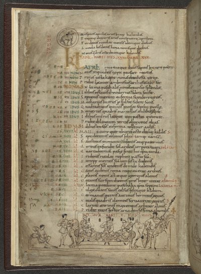 القطن MS Julius A. VI ، f.4v ، صفحة التقويم لشهر أبريل: مشهد احتفالي مع ثلاثة نبلاء (رق) بواسطة مدرسة اللغة الإنجليزية