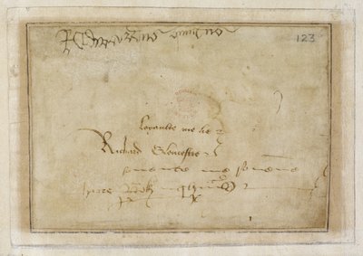 Cotton MS Vespasian F XIII f.123 توقيع ريتشارد "ولاء لي الكذب" بجوار توقيع إدوارد الخامس بواسطة مدرسة اللغة الإنجليزية