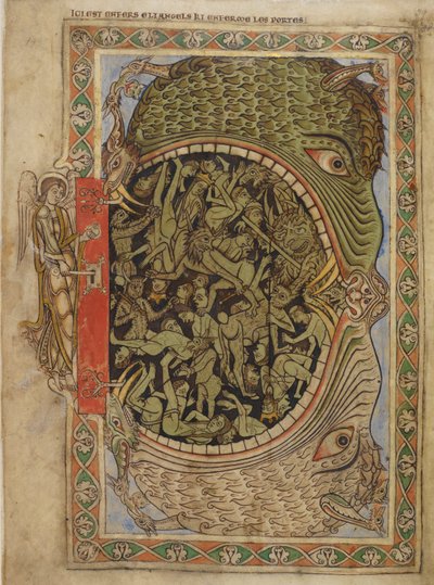 Cotton Nero C IV f.39 فكي الجحيم المُثبت بواسطة ملاك ، من سفر المزامير لهنري بلوا ، حوالي 1121-61 (ورق) بواسطة مدرسة اللغة الإنجليزية