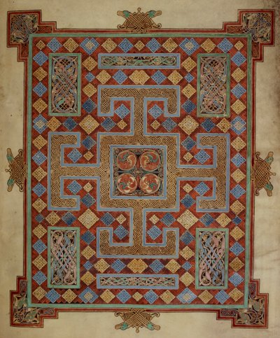 Cotton Nero D. IV، f.138v Carpet page تقدم إنجيل القديس لوقا ، من إنجيل ليندسفارن ، 710-21 (ورق) بواسطة مدرسة اللغة الإنجليزية