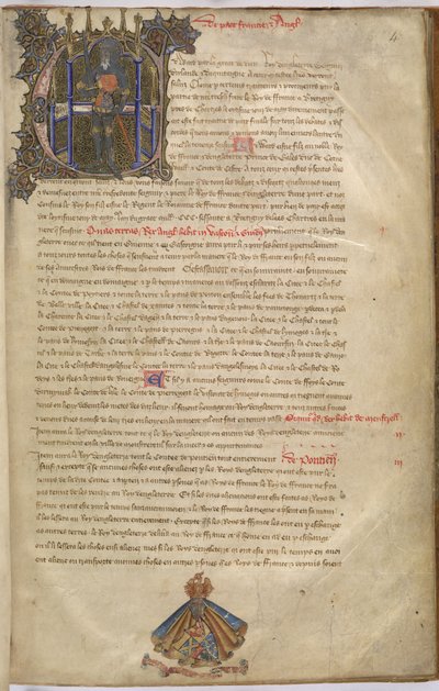 Cotton Nero D. VI f.4 الحرف الأول المضيء "E" الذي يصور إدوارد الثالث ، ملك إنجلترا بواسطة مدرسة اللغة الإنجليزية