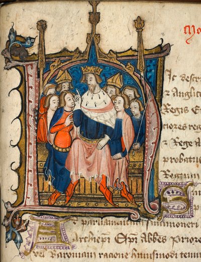 Cotton Nero D. VI، f.72 الأحرف الأولى التاريخية "N" ، بداية قسم عن طريقة عقد البرلمان ، رسم توضيحي من "Modus Tenendi Parliamentum" (رق) بواسطة مدرسة اللغة الإنجليزية