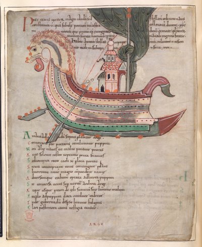 Cotton Tiberius B. V ، الجزء 1 ، f.40v ، سفينة بها برج ورأس ثعبان (ورق) بواسطة مدرسة اللغة الإنجليزية