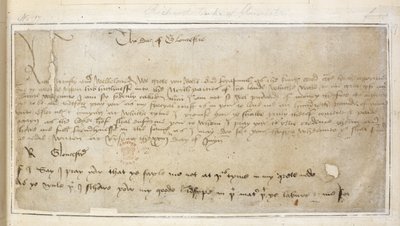 Cotton Vespasian MS F III f.19 أول رسالة متبقية من ريتشارد إلى السير جون ساي بواسطة مدرسة اللغة الإنجليزية