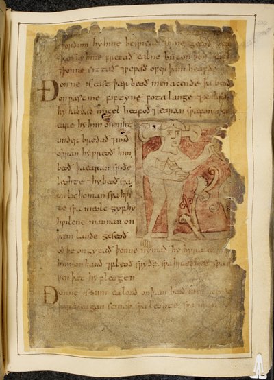 Cotton Vitellius A. XV f.104r، A panotii ، أي رجل ذو أذنان بارزة على السيقان ، يحمل شيئًا يشبه القوس ، رسم توضيحي من بياولف ، من "مخطوطة Nowell" (حبر على ورق) بواسطة مدرسة اللغة الإنجليزية