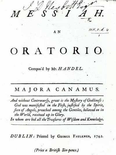 غلاف النوتة الموسيقية لمسيح هاندل ، نُشر عام 1742 بواسطة مدرسة اللغة الإنجليزية