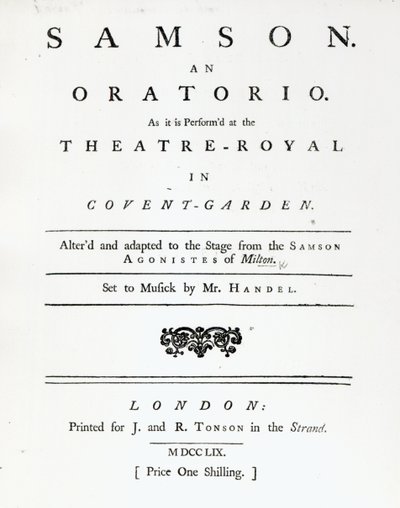 غلاف للموسيقى ورقة ل Samson ، وهو Oratorio بواسطة Handel ، نشر في 1759 بواسطة مدرسة اللغة الإنجليزية